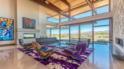 Luxury living room features large windows with scenic views, modern furniture, and artwork