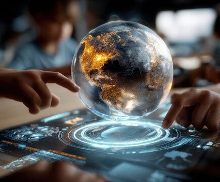 High-tech futuristic digital globe hologram with glowing city lights and advanced touchscreen interface in a modern technological environment