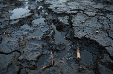 Close-up of cracked concrete surface with weathered texture. Small puddles of water add to worn appearance. Tree trunk stands out against monochrome background.
