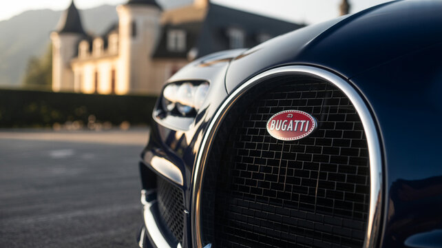 bugatti luxury car front grille with emblem in elegant setting

