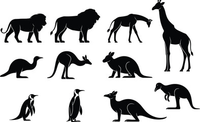 Silhouettes of Wild Animals Including Lion, Kangaroo, Giraffe, Penguin, and Emu, Vector Wildlife Icons for Nature and Safari Design