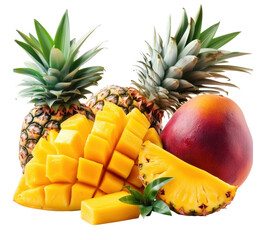 Fresh tropical fruits arrangement featuring pineapples, a mango and a sliced mango against a transparent background