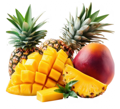 Fresh tropical fruits arrangement featuring pineapples, a mango and a sliced mango against a transparent background - Powered by Adobe