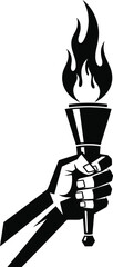 A stylized illustration of a hand holding a torch with a bright flame, depicted in black and white.