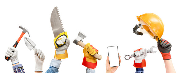 different hands with working tools on white isolated background