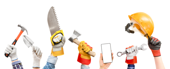 different hands with working tools on white isolated background