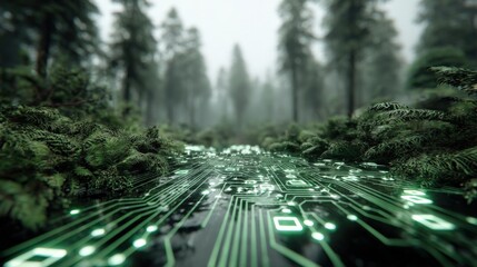 Obraz premium Stunning futuristic digital forest with glowing circuit board pathway surrounded by lush green trees and misty atmosphere in nature scene