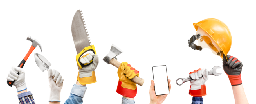 different hands with working tools on white isolated background - Powered by Adobe