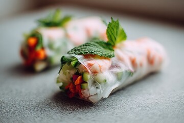 Fresh Vietnamese sp rolls with shrimp and vegetables served on a gray surface with mint garnish and a blurred background