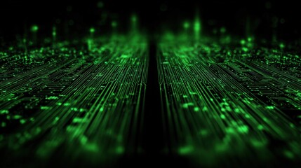 Abstract futuristic digital technology background with glowing green circuit lines and particles representing data flow and innovation