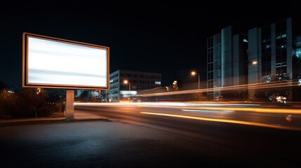 Modern cityscape at night with illuminated commercial billboard advertising space and light trails from moving vehicles in urban nighttime scene