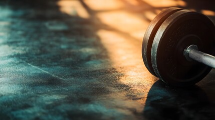 Minimalist Barbell Resting on Concrete Floor with Sun Rays Through Window perfect for fitness motivation posters, gym advertising campaigns, workout program covers, and strength training blog headers