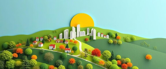 Vibrant paper cut city on green hill, sun, trees, artwork, invitations
