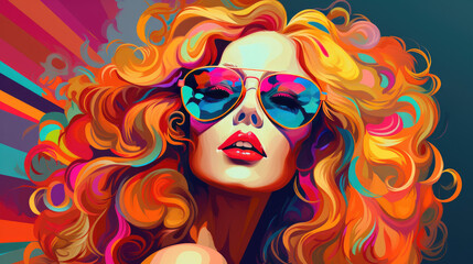Smiling Fashion Model with Curly Blonde Hair and Sunglasses, AI Generated Portrait