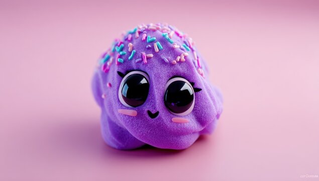 A charming, plush purple creature with big, glossy eyes and colorful sprinkles sits on a pastel pink surface