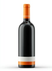 Glossy, dark bottle with orange cap and accents, set against a white background. Clean, minimalist design. Empty label for custom text. Rendered lighting creates smooth highlights and shadows