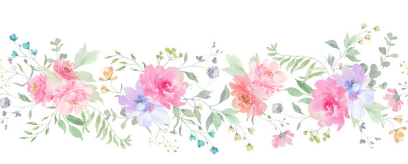 Seamless watercolor border with painted flowers, eucalypt leaves, wildflowers, herbs. Hand drawn illustration. vector EPS>.