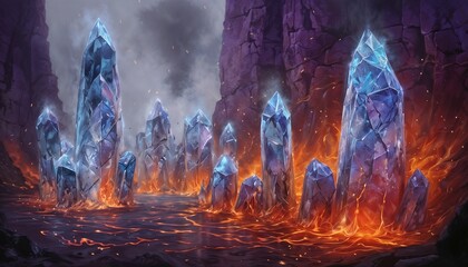 Volcanic Cavern With Glowing Crystals Above Flowing Lava