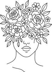 Floral face line art minimalist woman portrait with flowers vector art illustration