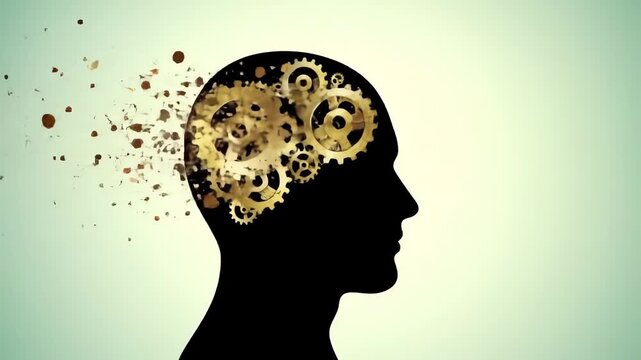 Metal gears turning inside silhouetted head profile, particles drift outward