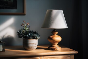 Lamp & succulent illuminate tabletop, shadows dance on wall above a wooden dresser