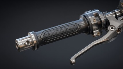Close-up on motorcycle handlebar, offering a detailed view of mechanism parts