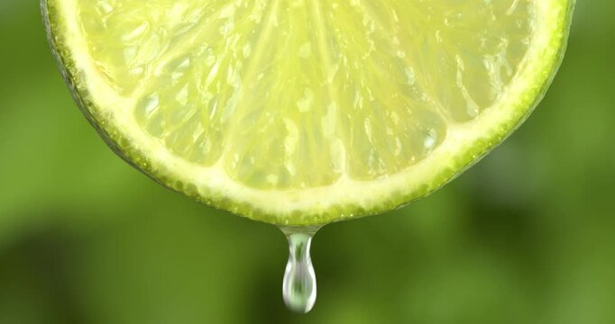 Slice of lime on a green background, lime juice drips and drops.