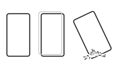 broken smartphone with protect screen glass icon set