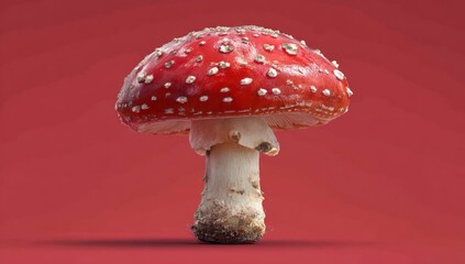 Fly Agaric Mushroom. Bright red mushroom with white spots stands out against a red background. Stalk detail visible with texture and color variations. Slight shadow adds depth