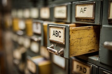 Archive filing system weathered drawers with labels; ABC drawer slightly open
