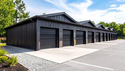 Modern dark gray garages in a row