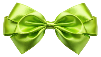 A vibrant green satin ribbon bow, perfect for gift wrapping or decoration, isolated on a transparent background