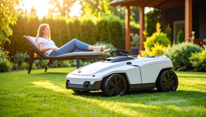 Robotic lawnmower cuts grass while woman relaxes on chaise lounge in sunny backyard