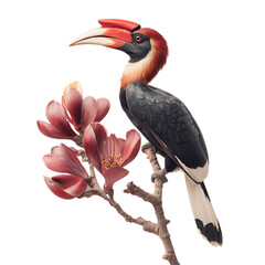 Obraz premium A beautiful hornbill bird with a large red beak on a branch with pink flowers on transparent background