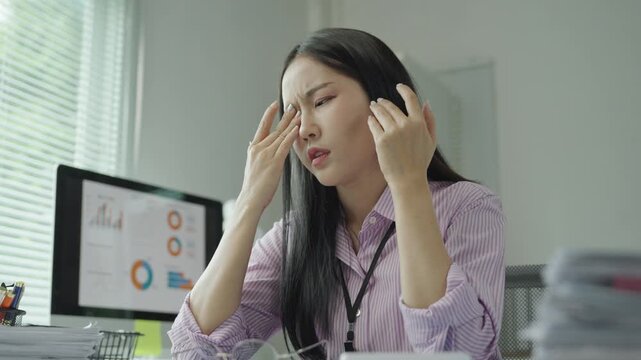 Professional businesswoman experiencing intense eye strain while working long hours at computer, removing glasses and rubbing tired eyes in modern office environment