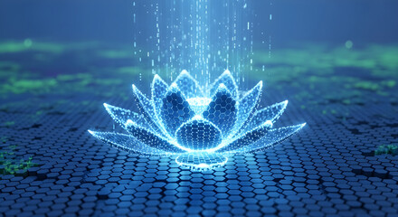 Digital Lotus Made From Hexagonal Data Tiles and Light Streams, Blooming in Virtual Zen Garden With Floating Code Dust
