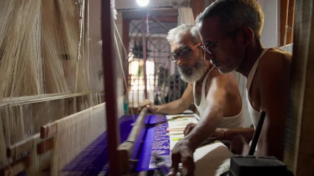 Close-up of two artisans weaving a Banarasi saree with gold thread on handloom in Varanasi, India. Focus on hands, intricate design, and traditional silk weaving process.
