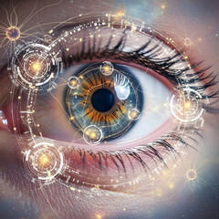 Futuristic Eye Surrounded by Tech Rings and Neural Holograms Over Minimal Cosmic Grid With Abstract Neural Flickers