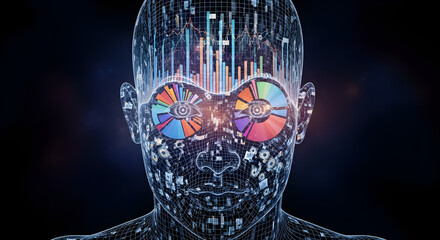 Futuristic Human Head Made of Data Grids and Floating Charts in Transparent Layers of Analytical Processing Depth