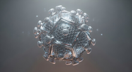 Geometric Virus With Honeycomb Skin and Metallic Surface Floating in Neutral Mist With Ambient Light Diffusion