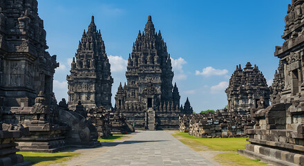 Naklejka premium Prambanan Temple Photographed from an Angle Between Small Temples