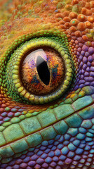Naklejka premium Close Up of a Vibrant Reptile Eye with Colorful Scales and Intricate Texture
