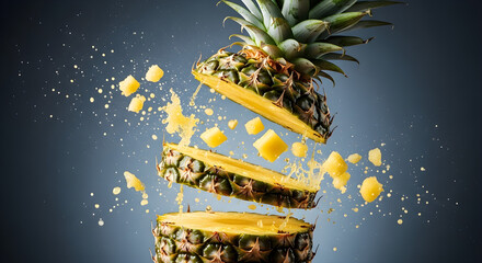 Sliced Ananas Exploding Into Colorful Particles in Slow Motion Over Dark Background