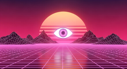 Retro Vision of the Future With 80s Neon Colors, Digital Sunset, Wireframe Landscape and Glowing Eye Floating Over Horizon