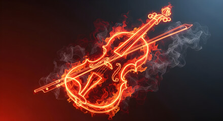 Violin Composed of Swirling Smoke and Fire Trails on a Dark Background, Forming Shape With Movement and Light