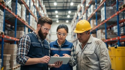 Collaboration in Action: A Diverse Team Discusses Strategies Using a Tablet in a Warehouse Environment Focused on Efficiency and Productivity - Powered by Adobe