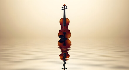 Violin Reflected in Water With Ripples Creating Abstract Symmetry in Sepia Toned Minimalist Composition