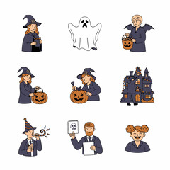 Halloween and Party Illustration Set with Witches, Ghosts, Pumpkins, Haunted House, and Festive Characters
