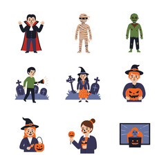 Halloween Characters and Spooky Celebration Scenes Illustration Set