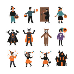 Cute Halloween Characters and Trick-or-Treating Scene Vector Illustration